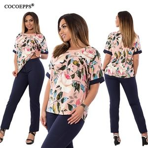 TWO PIECE SET WOMEN TOPS+PANTS SUMMER PLUS SIZE